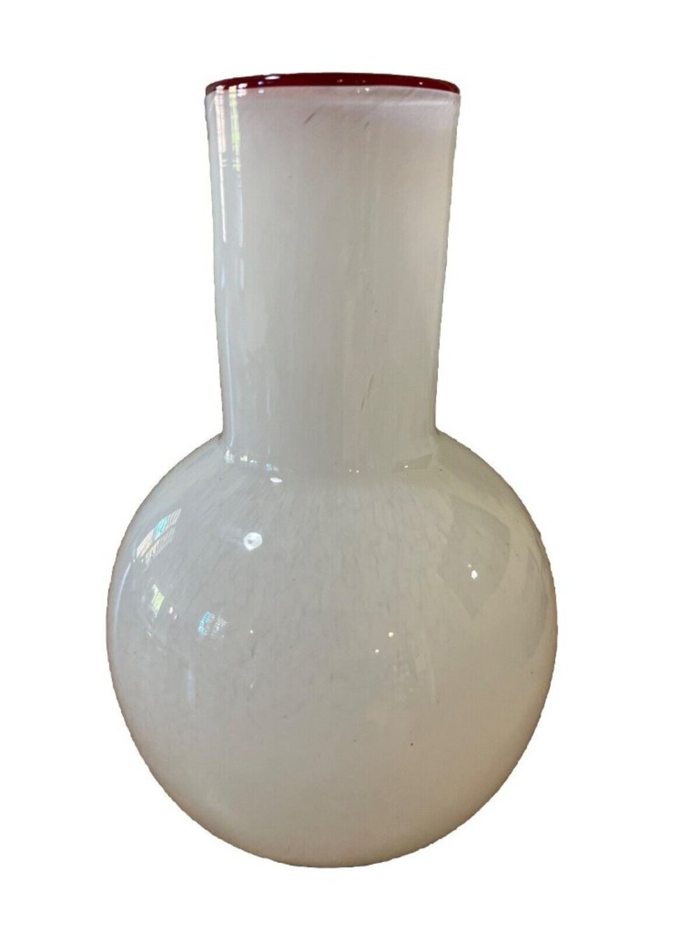 Vintage Hand Blown Spatter Glass Vase Opaque  Red Rim Heavy 9 In Tall